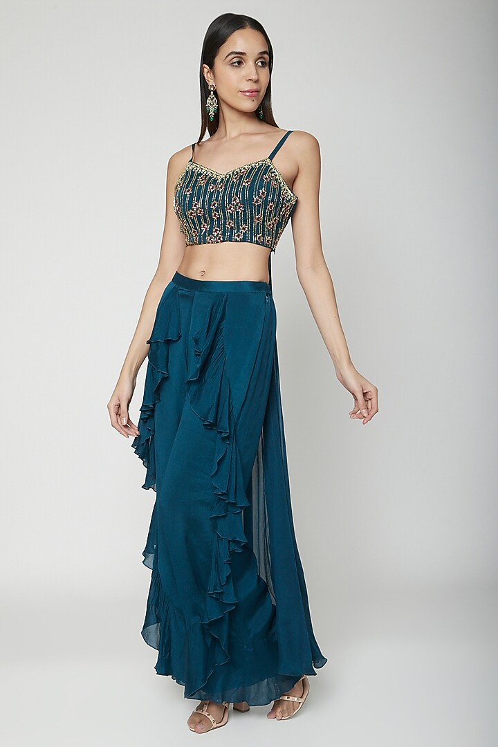 Teal Blue Hand Embroidered Crop Top With Palazzo Pants by Kakandora at Pernia's Pop Up Shop
