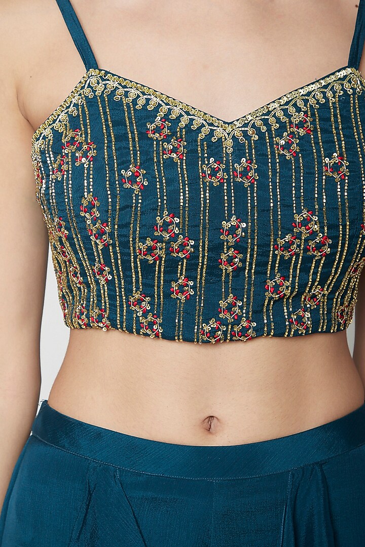 Teal Blue Hand Embroidered Crop Top With Palazzo Pants by Kakandora at Pernia's Pop Up Shop