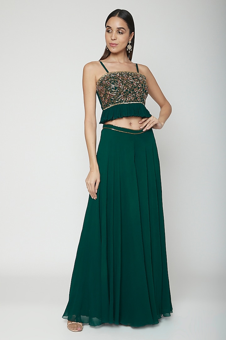 Emerald Green Hand Embroidered Top With Palazzo Pants by Kakandora