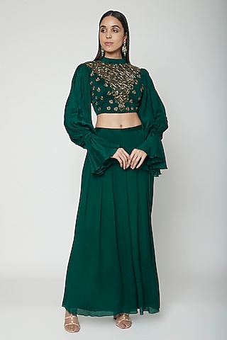 Emerald Green Embroidered Blouse With Inverted Palazzo Pants by Kakandora