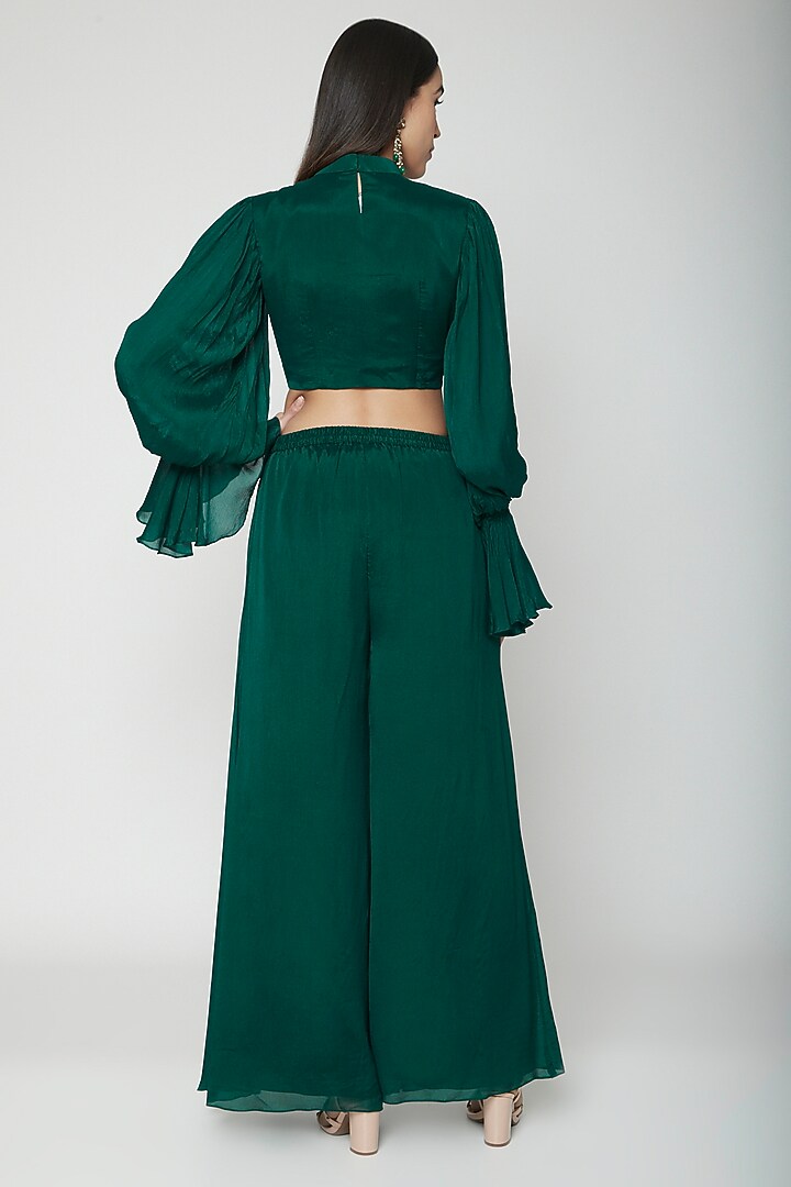 Emerald Green Embroidered Blouse With Inverted Palazzo Pants by Kakandora at Pernia's Pop Up Shop