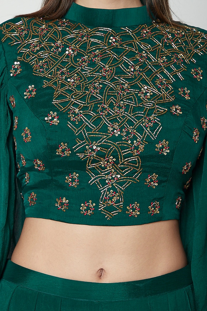 Emerald Green Embroidered Blouse With Inverted Palazzo Pants by Kakandora at Pernia's Pop Up Shop