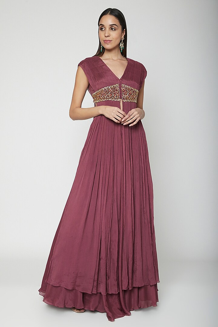 Wine Pleated Jacket  dulhan bday 22 may Lehenga Set With Embroidered Belt by Kakandora at Pernia's Pop Up Shop
