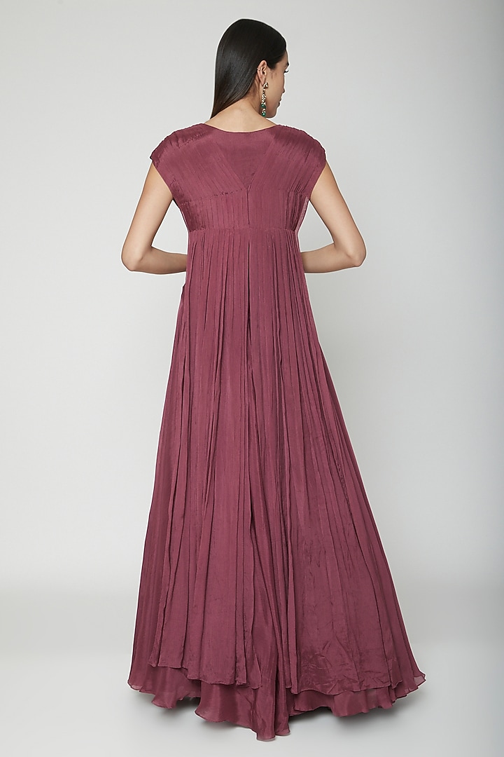 Wine Pleated Jacket Wedding Lehenga Set With Embroidered Belt by Kakandora at Pernia's Pop Up Shop