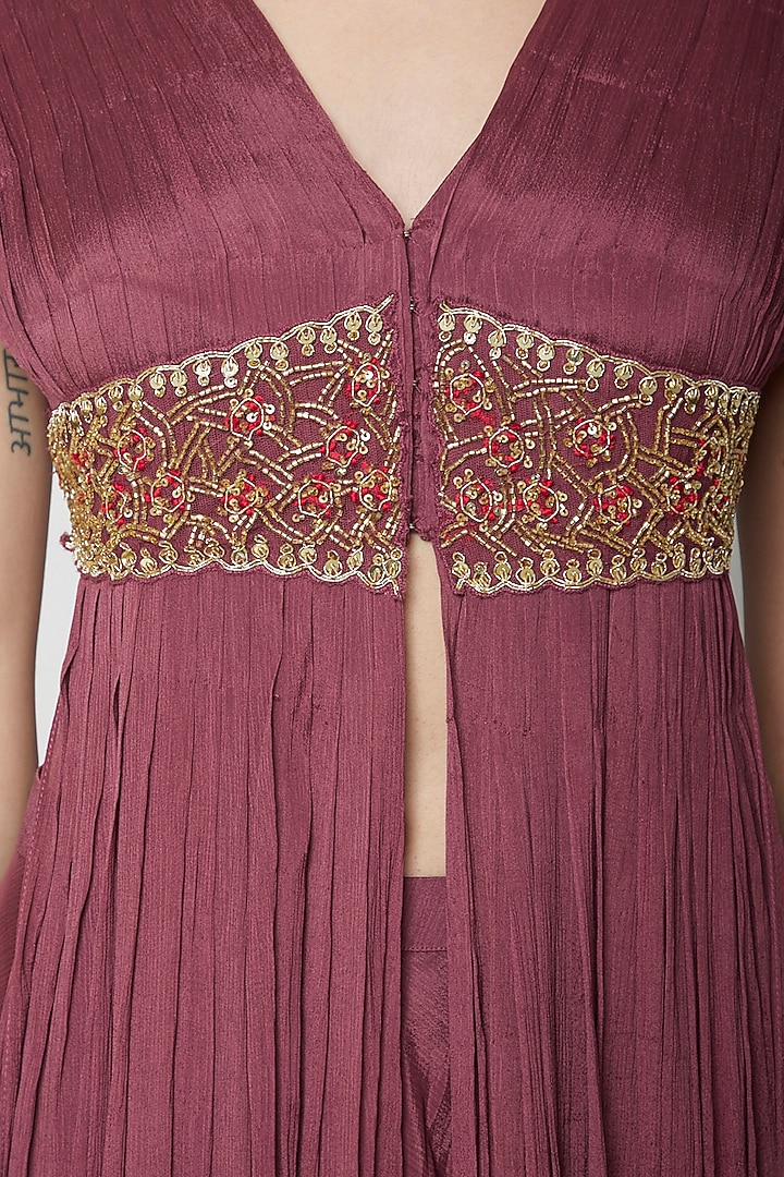 Wine Pleated Jacket Wedding Lehenga Set With Embroidered Belt by Kakandora at Pernia's Pop Up Shop