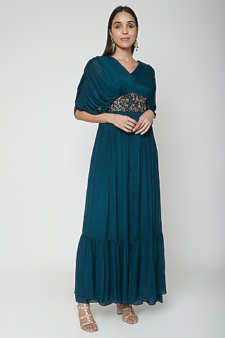 Teal Blue Embroidered Pleated Dress With Palazzo Pants by Kakandora