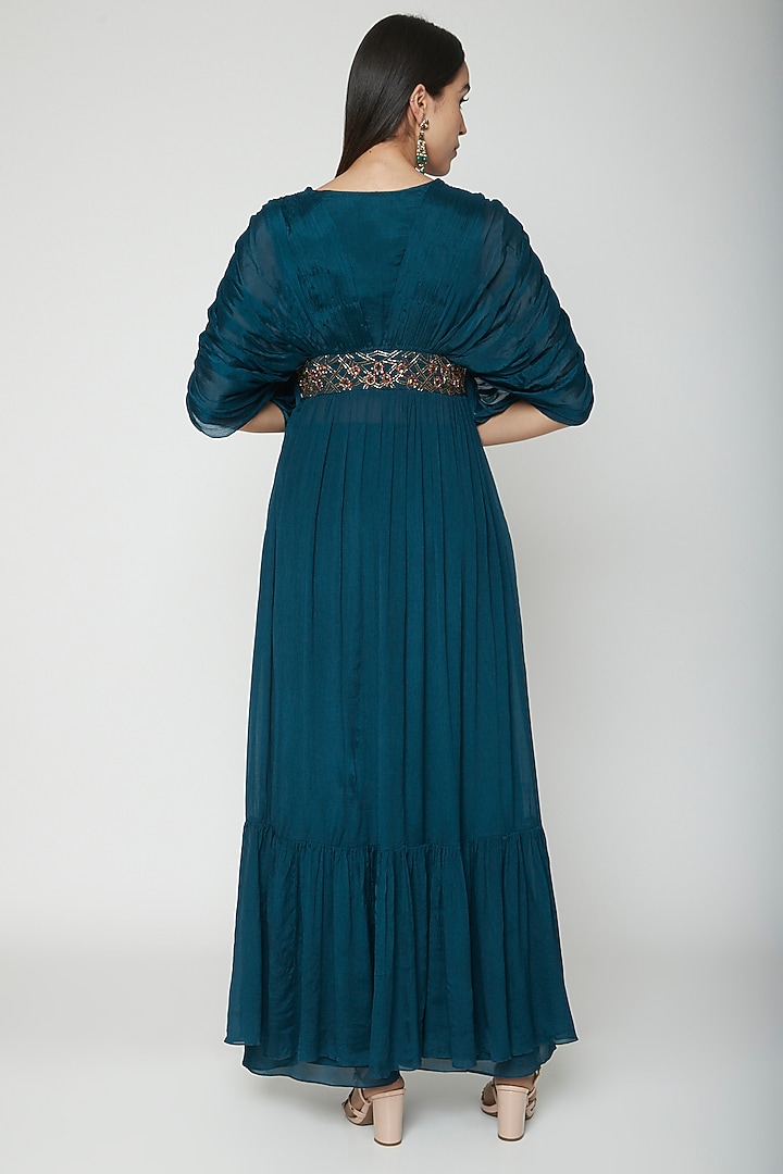 Teal Blue Embroidered Pleated Cocktail Dress With Palazzo Pants by Kakandora at Pernia's Pop Up Shop