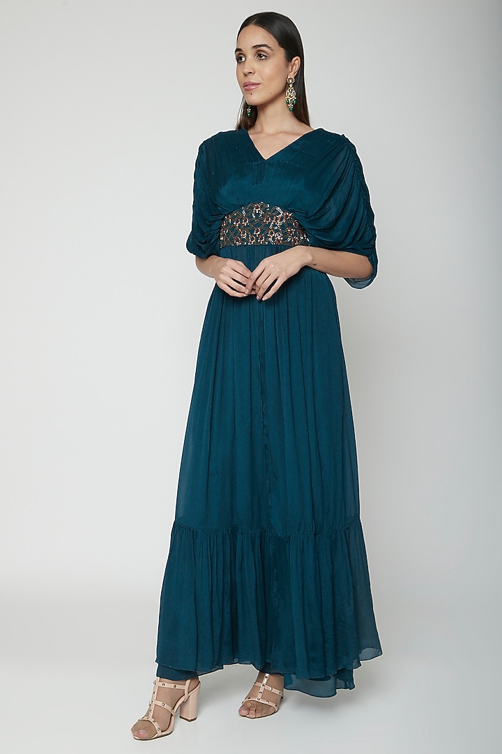 Teal Blue Embroidered Pleated Cocktail Dress With Palazzo Pants by Kakandora at Pernia's Pop Up Shop