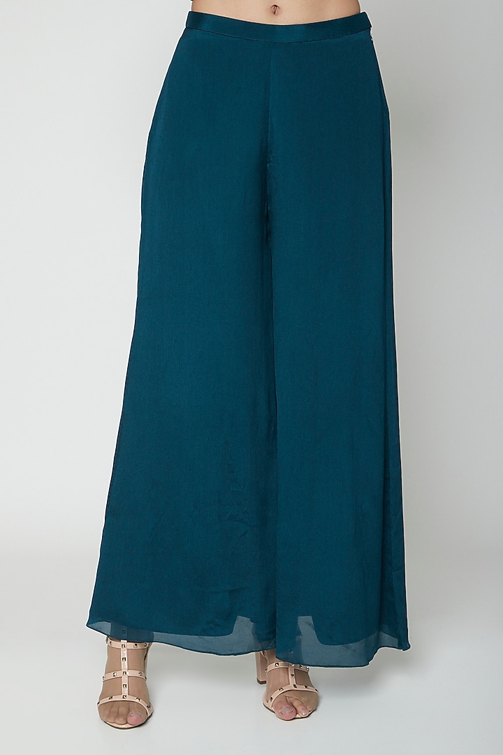 Teal Blue Embroidered Pleated Cocktail Dress With Palazzo Pants by Kakandora at Pernia's Pop Up Shop