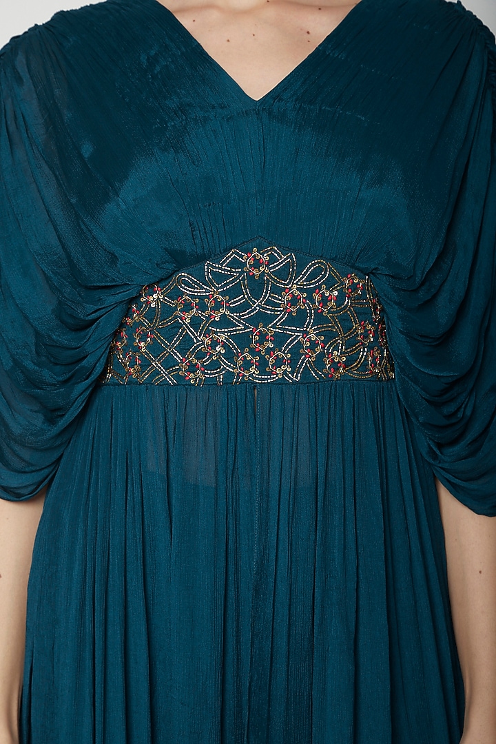 Teal Blue Embroidered Pleated Cocktail Dress With Palazzo Pants by Kakandora at Pernia's Pop Up Shop