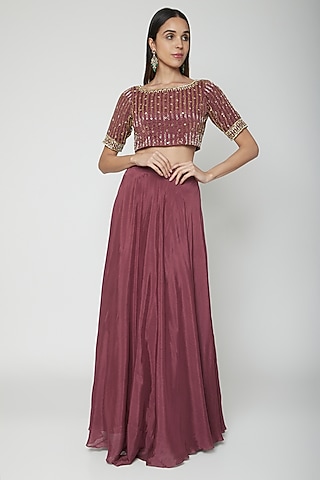 Wine Hand Embroidered Blouse With Flared Skirt by Kakandora