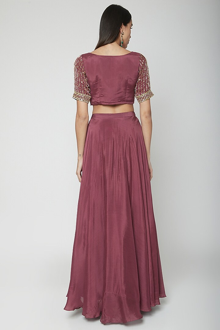 Wine Hand Embroidered Blouse With Flared Skirt by Kakandora at Pernia's Pop Up Shop