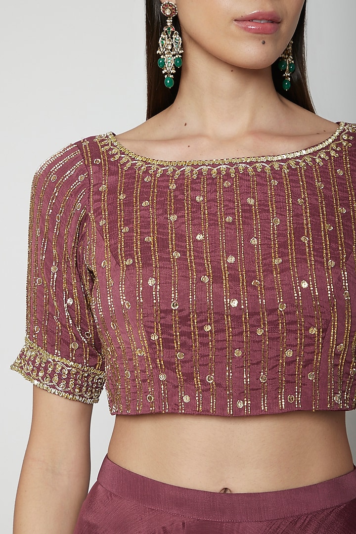 Wine Hand Embroidered Blouse With Flared Skirt by Kakandora at Pernia's Pop Up Shop