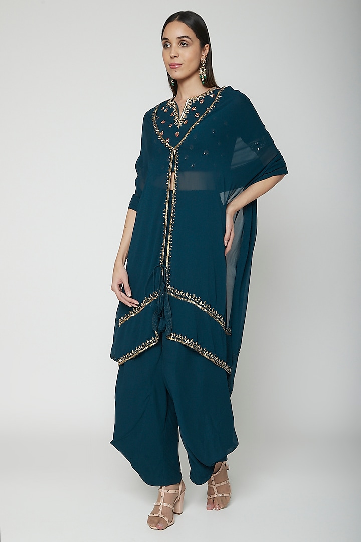 Teal Blue Embroidered Blouse With Cape & Dhoti by Kakandora
