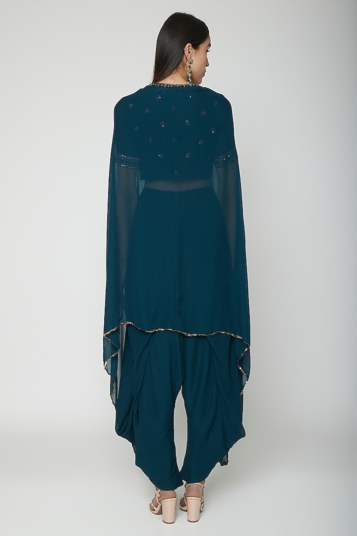 Teal Blue Embroidered Blouse With Cape & Dhoti by Kakandora at Pernia's Pop Up Shop