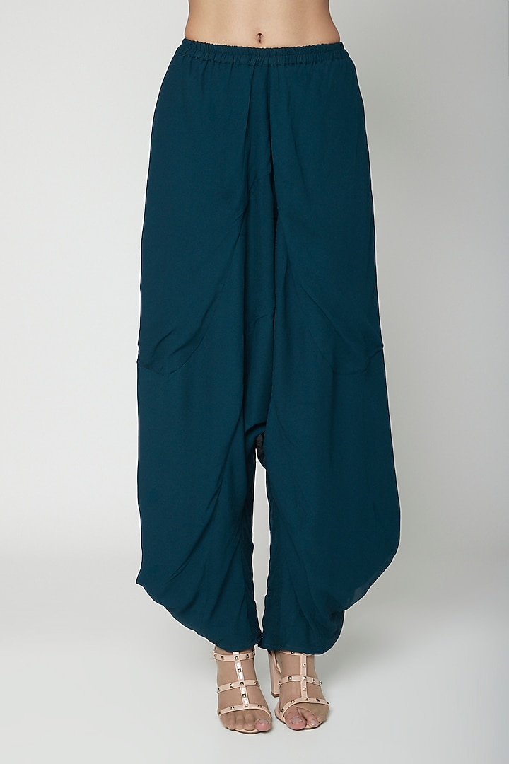 Teal Blue Embroidered Blouse With Cape & Dhoti by Kakandora at Pernia's Pop Up Shop