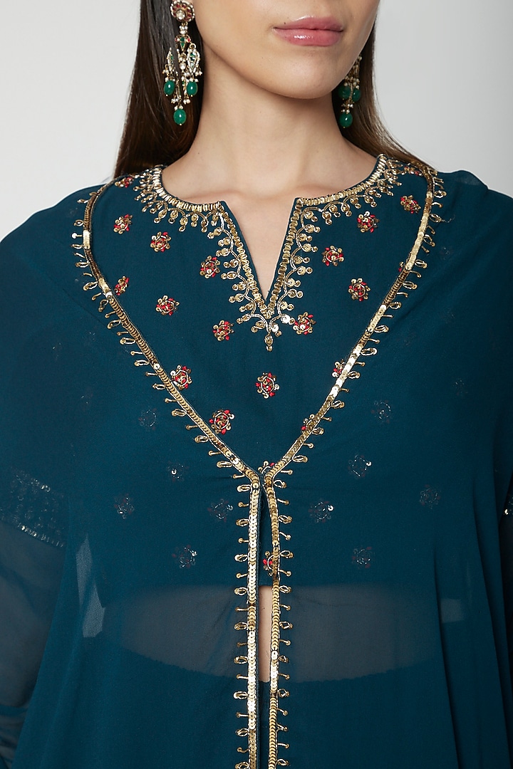 Teal Blue Embroidered Blouse With Cape & Dhoti by Kakandora at Pernia's Pop Up Shop