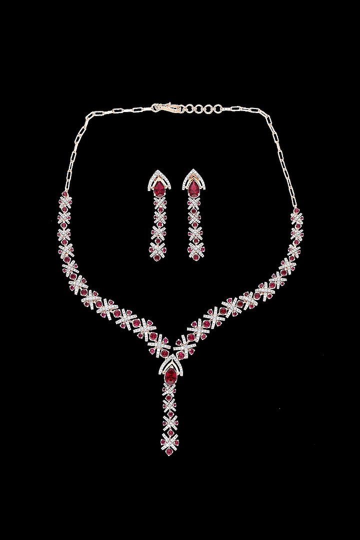 Rose Gold Finish Diamond & Pink Stone Necklace Set by karan kothari jewellers at Pernia's Pop Up Shop