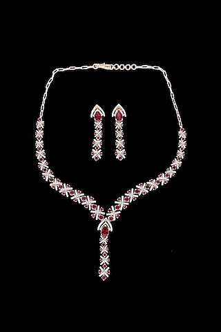 Rose Gold Finish Diamond & Pink Stone Necklace Set by karan kothari jewellers