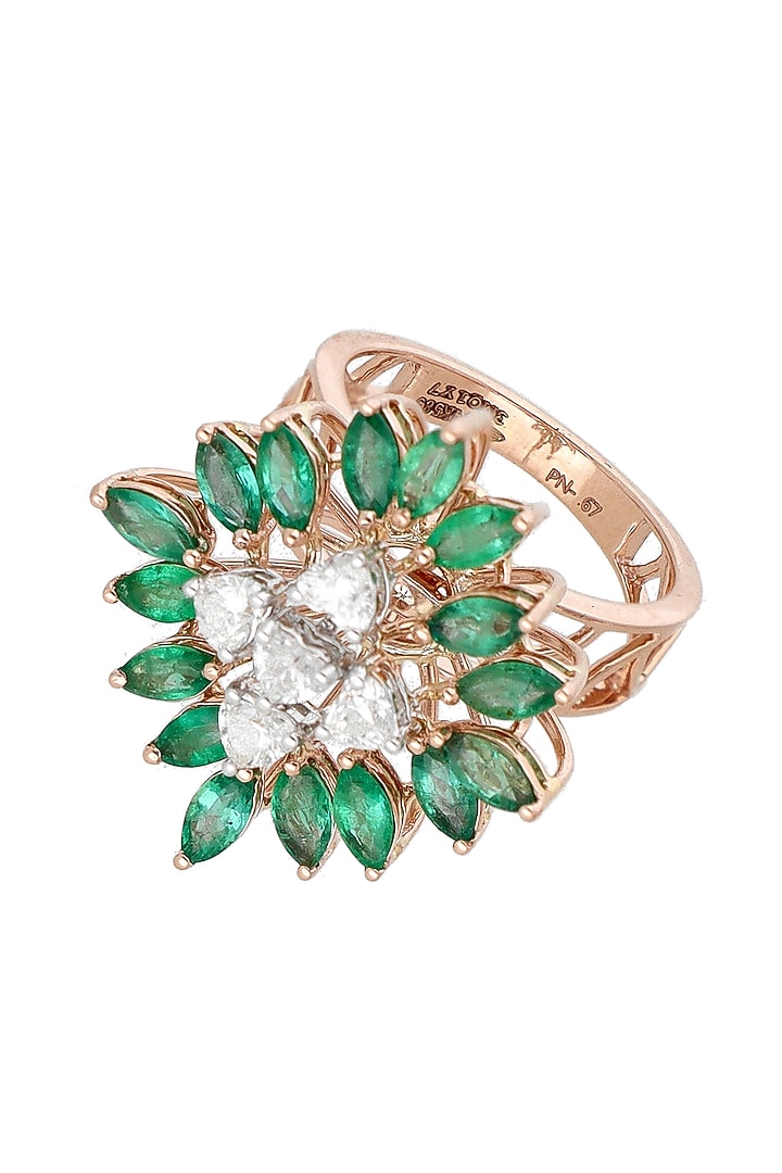 Rose Gold Finish Diamond & Emerald Stone Ring by karan kothari jewellers at Pernia's Pop Up Shop