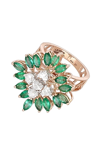 Rose Gold Finish Diamond & Emerald Stone Ring by karan kothari jewellers