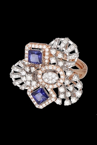 Yellow Gold Finish Diamond & Sapphire Stone Ring by karan kothari jewellers