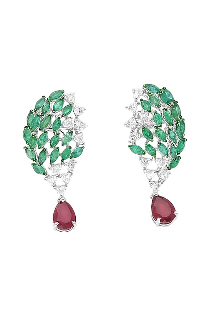 White Gold Finish Diamond & Emerald Stone Dangler Earrings by karan kothari jewellers at Pernia's Pop Up Shop