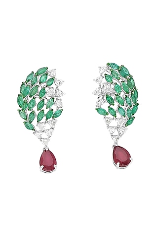 White Gold Finish Diamond & Emerald Stone Dangler Earrings by karan kothari jewellers