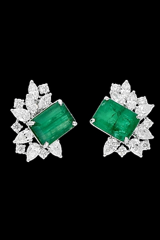 White Gold Finish Diamond & Emerald Stone Stud Earrings by karan kothari jewellers