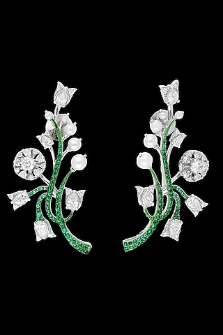 14kt White Gold Finish Diamond & Emerald Stone Dangler Earrings by karan kothari jewellers