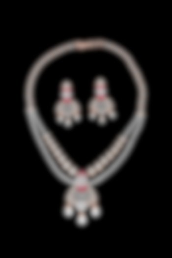 14kt White Gold Finish Diamond & Ruby Stone Necklace Set by karan kothari jewellers at Pernia's Pop Up Shop