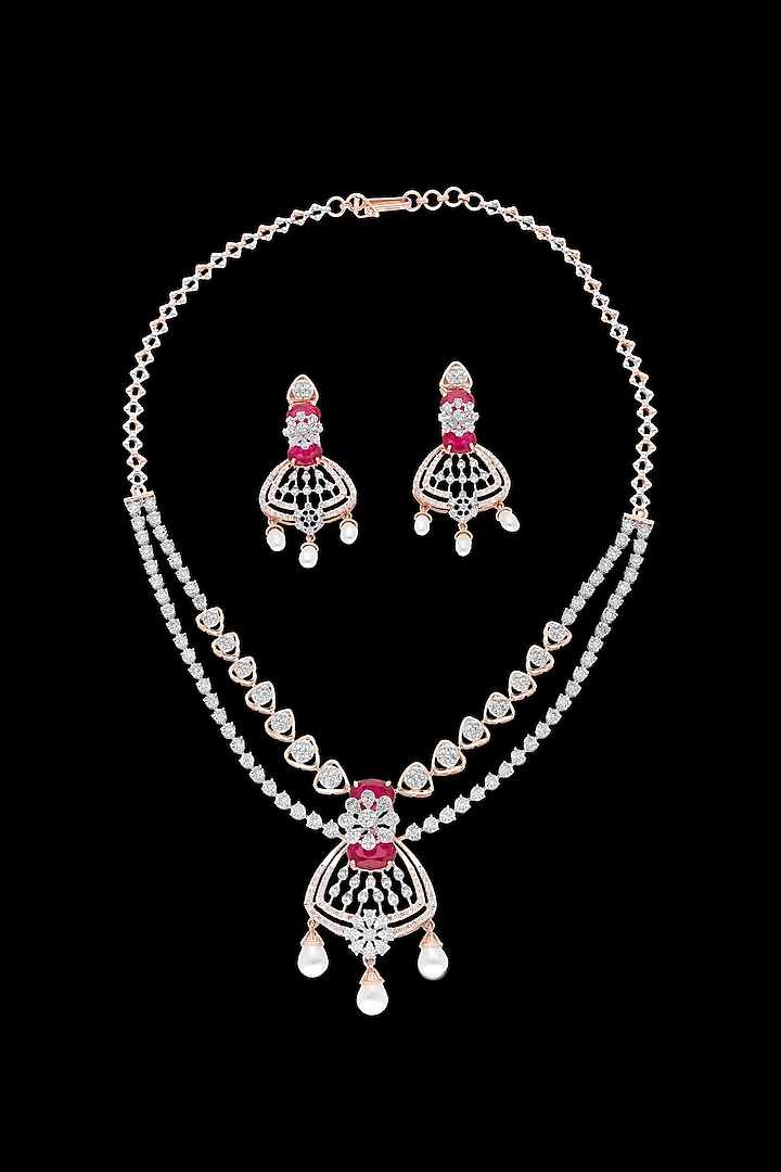 14kt White Gold Finish Diamond & Ruby Stone Necklace Set by karan kothari jewellers at Pernia's Pop Up Shop