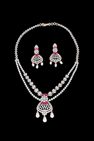 14kt White Gold Finish Diamond & Ruby Stone Necklace Set by karan kothari jewellers