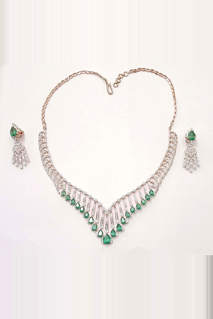 14kt White Gold Finish Diamond & Emerald Stone Necklace Set by karan kothari jewellers at Pernia's Pop Up Shop