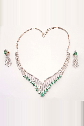 14kt White Gold Finish Diamond & Emerald Stone Necklace Set by karan kothari jewellers
