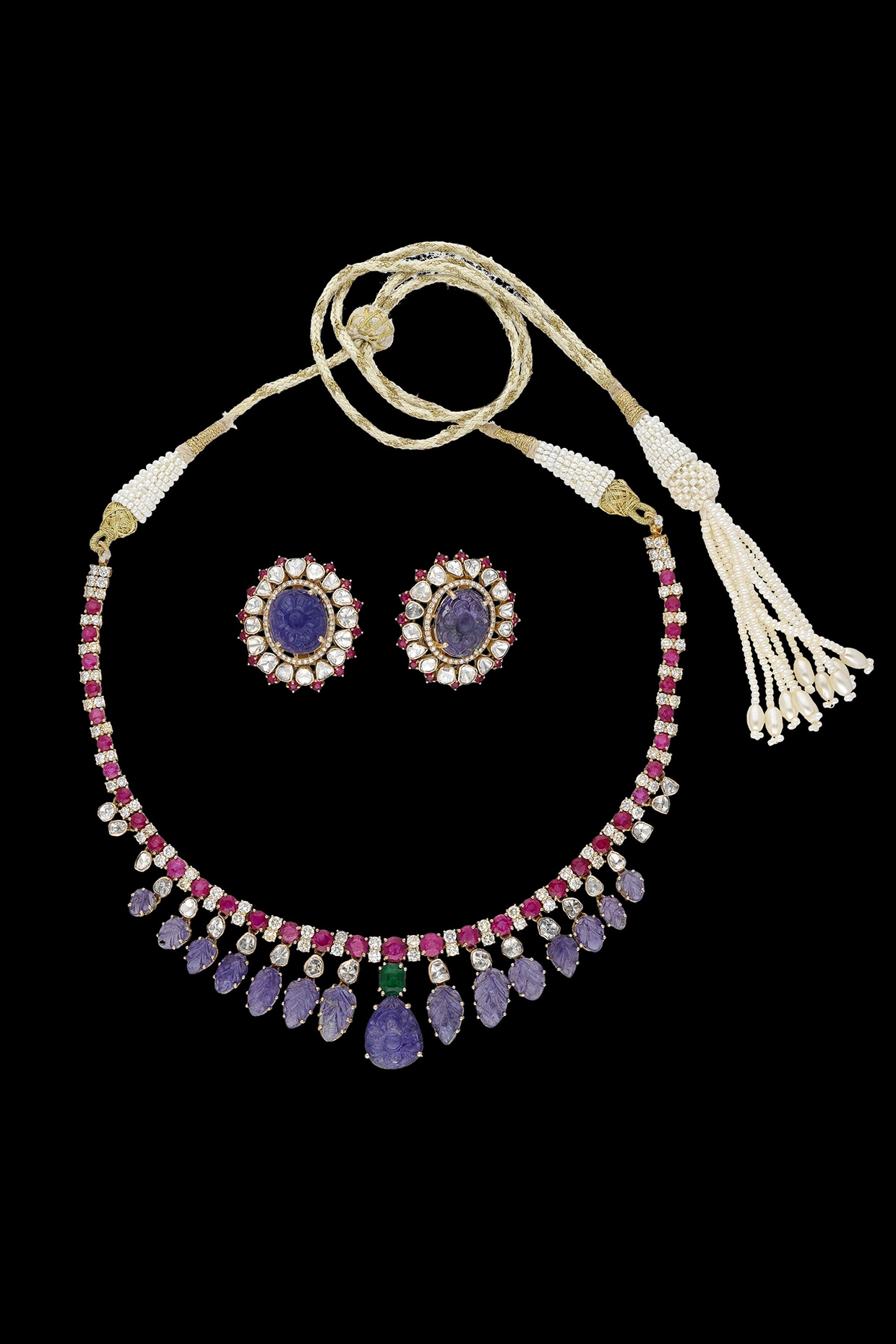 karan kothari jewellers 14kt Yellow Gold Finish Diamond & Ruby Stone Necklace Set