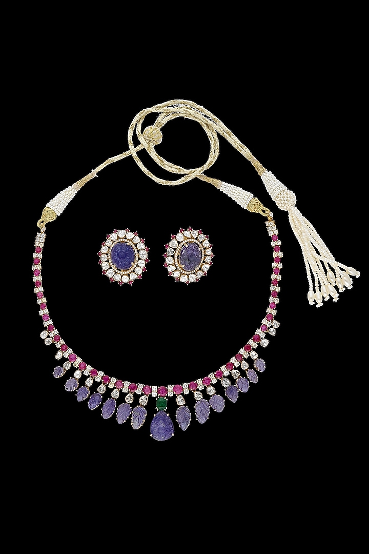 14kt Yellow Gold Finish Diamond & Ruby Stone Necklace Set by karan kothari jewellers at Pernia's Pop Up Shop