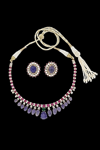 14kt Yellow Gold Finish Diamond & Ruby Stone Necklace Set by karan kothari jewellers