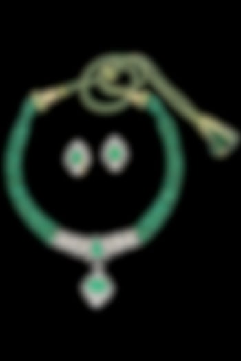 14kt Yellow Gold Finish Emerald Stone & Diamond Necklace by Karan kothari jewellers at Pernia's Pop Up Shop