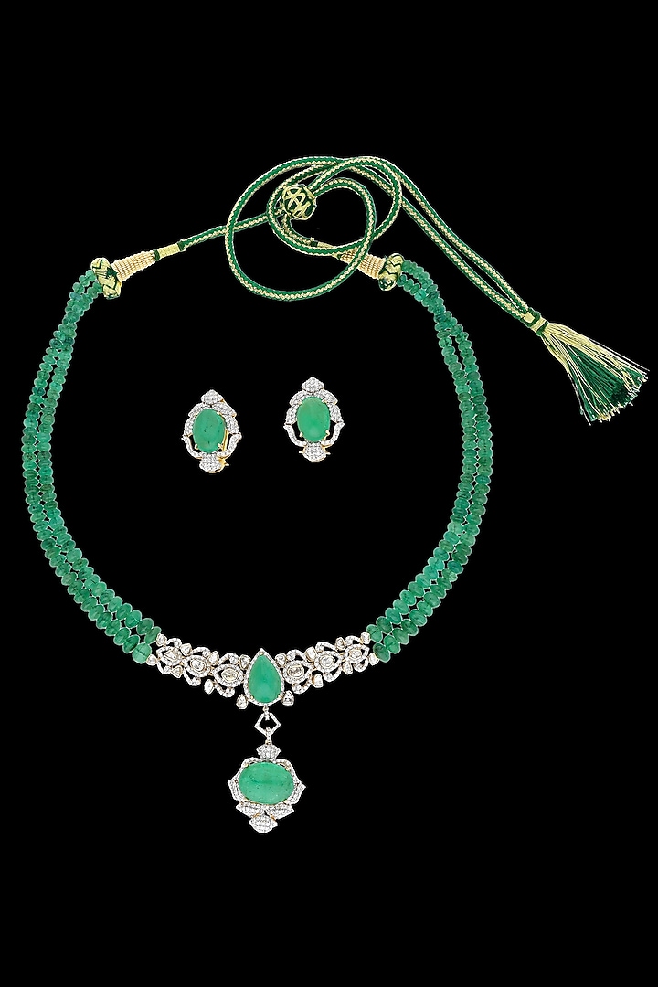 14kt Yellow Gold Finish Emerald Stone & Diamond Necklace by Karan kothari jewellers at Pernia's Pop Up Shop