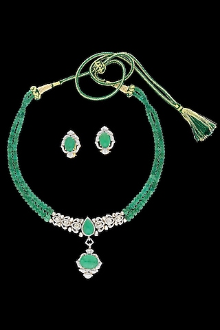 14kt Yellow Gold Finish Emerald Stone & Diamond Necklace by Karan kothari jewellers