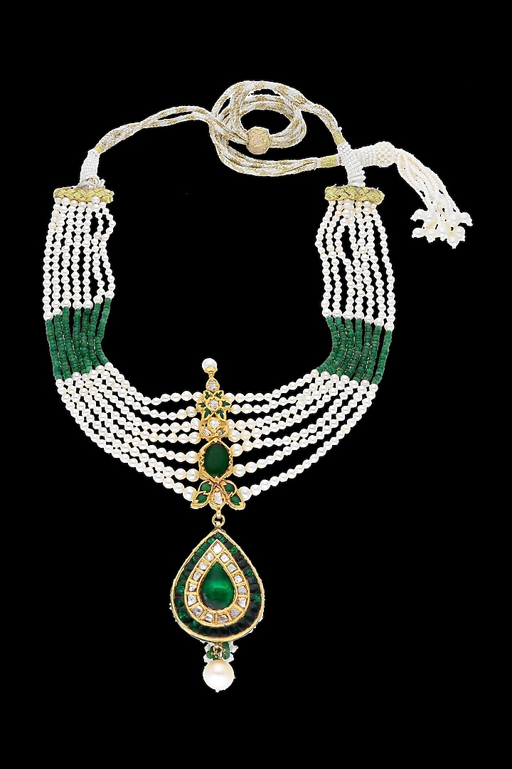 18kt Yellow Gold Finish Emerald Green & Diamond Necklace by Karan kothari jewellers at Pernia's Pop Up Shop