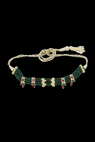 18kt Yellow Gold Finish Emerald Green & Diamond Necklace by Karan kothari jewellers
