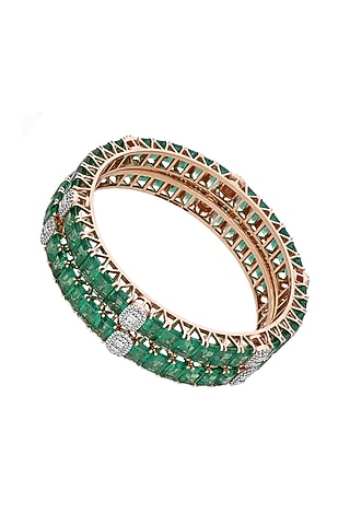 14kt Rose Gold Finish Diamond & Emerald Green Stone Bangles (Set Of 2) by Karan kothari jewellers