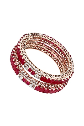 14kt Rose Gold Finish Diamond & Ruby Stone Bangles (Set Of 2) by Karan kothari jewellers
