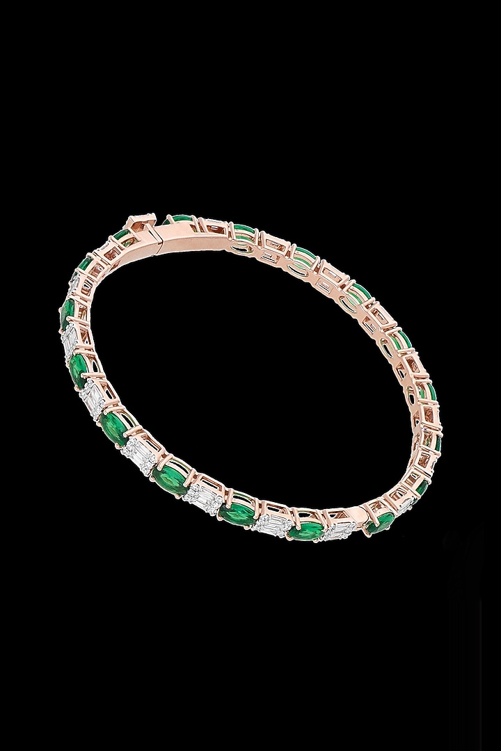14kt Rose Gold Finish Diamond & Emerald Green Stone Bangle by Karan kothari jewellers at Pernia's Pop Up Shop