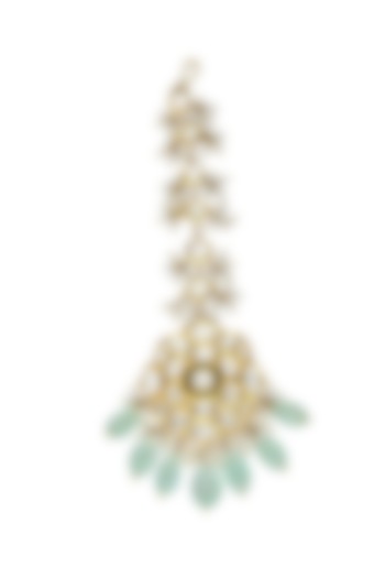 18kt Yellow Gold Finish Aquamarine Stone & Diamond Maangtikka by karan kothari jewellers at Pernia's Pop Up Shop