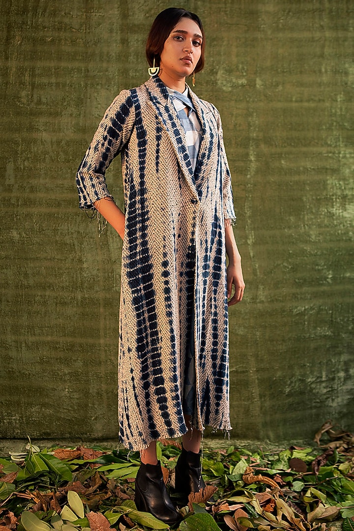 Navy Blue, Ivory & Black Tie-Dye Overcoat by Kritika Murarka at Pernia's Pop Up Shop