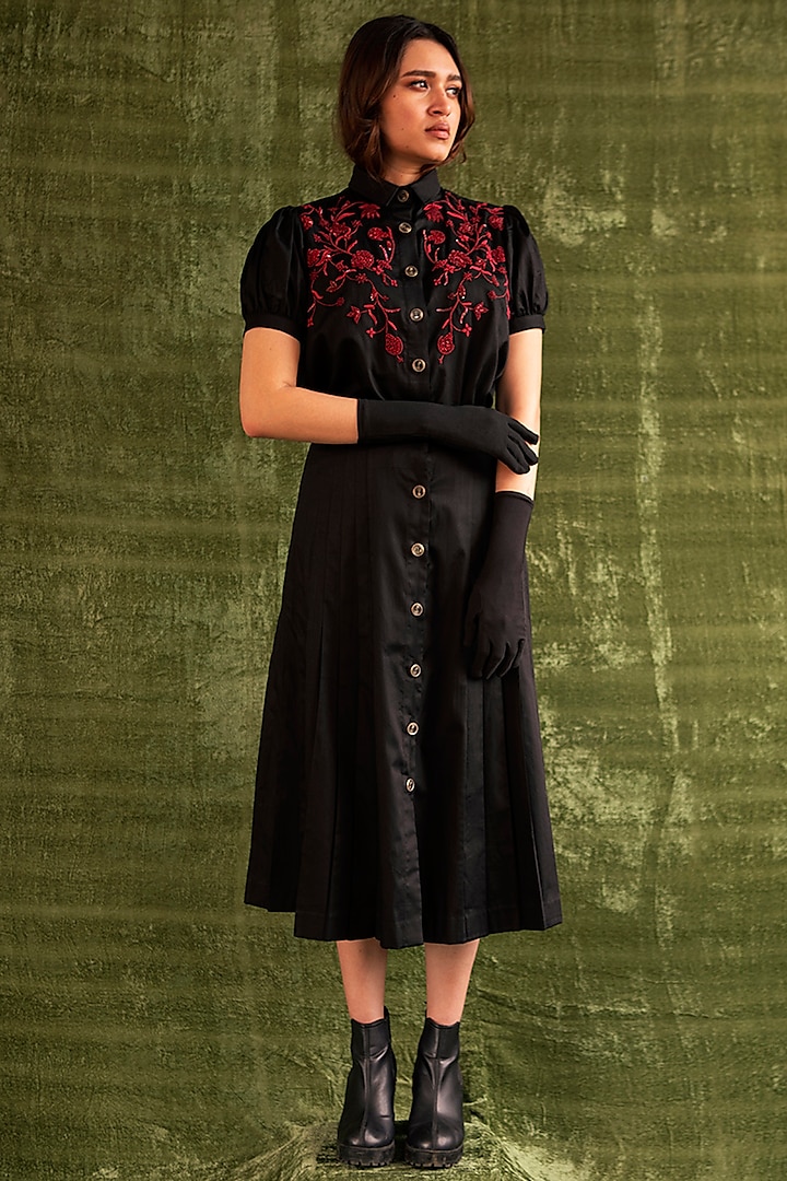 Black Floral Embroidered Shirt by Kritika Murarka
