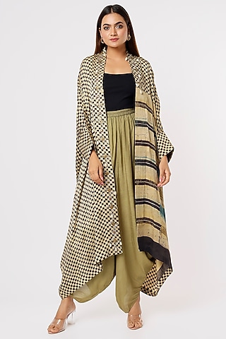 Black & Olive Green Printed Cape Set by Kritika Murarka